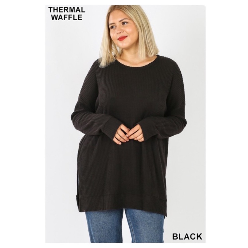 Plus size thermal waffle long sleeve pullover